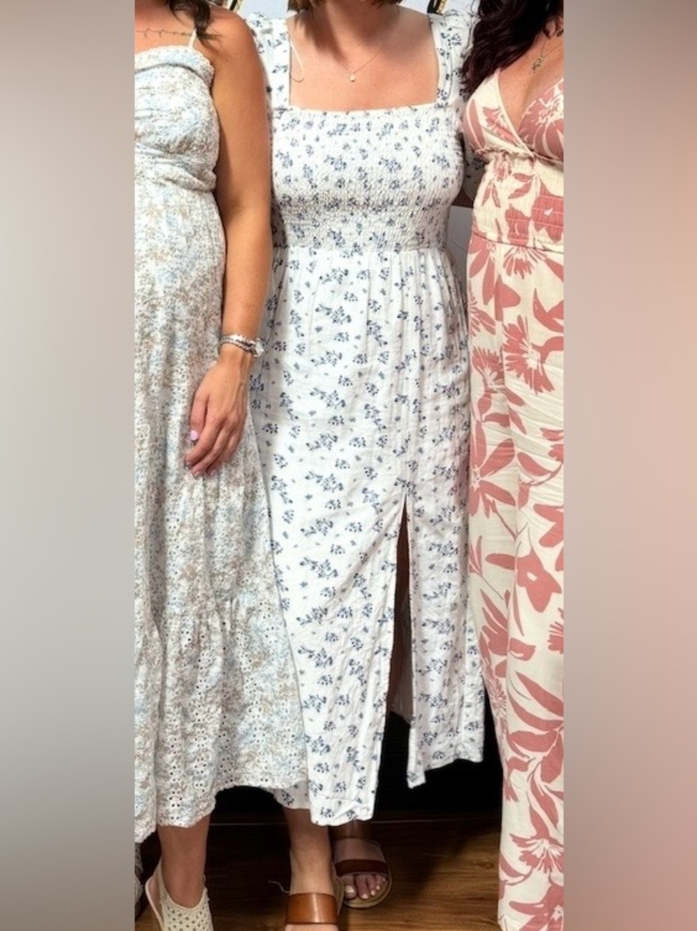 House of Harlow 1960 White/Blue Floral Smocked Midi Dress, size Medium